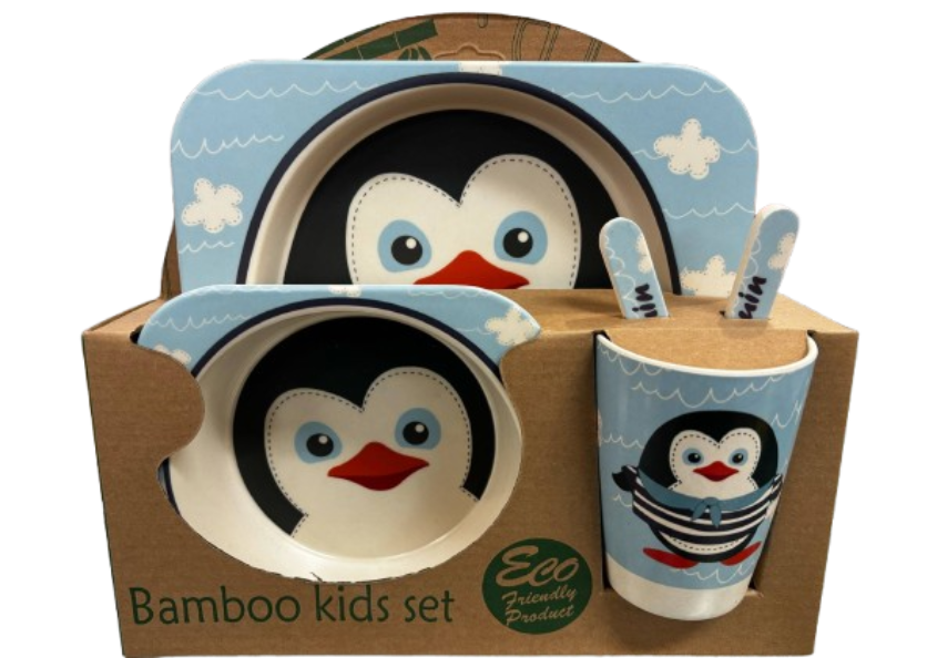Bamboo Kids Set Penguin with blue background plate with castle Plate Bowl Cup Fork and Spoon Children's Set Eco Friendly