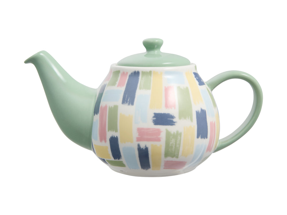 Maxwell Williams Brush Strokes 650ml Teapot Green Handle Green Lid Green Spout, Green Yellow Navy and light blue brush strokes pattern on white teapot