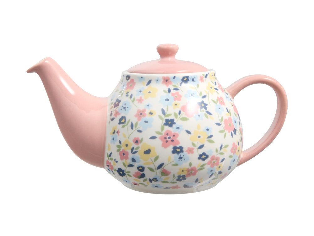 Maxwell Williams Pink Floral 650ml Teapot Handle Light Pink Handle, Lid and Spout Blue Pink and Yellow Flowers on white teapot