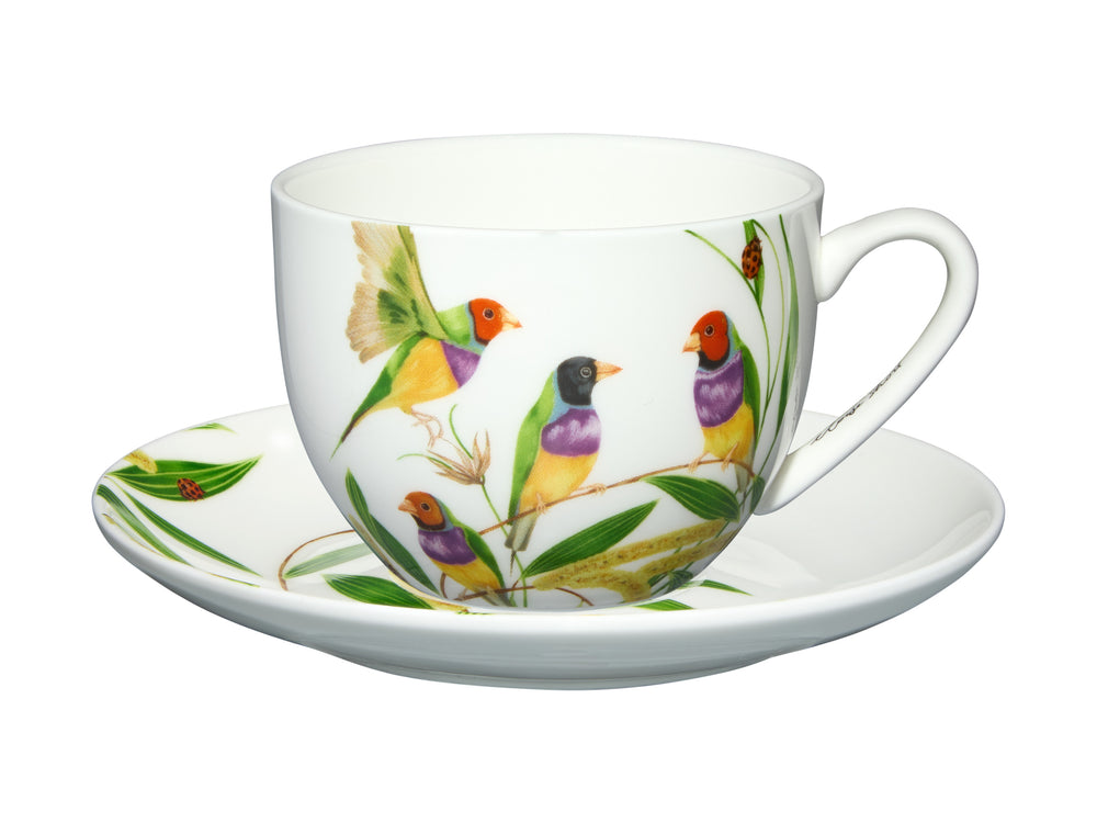 Maxwell and Williams Short Lyric Cup & Saucer 240ML Gouldian Finch Eloise Short White Birds