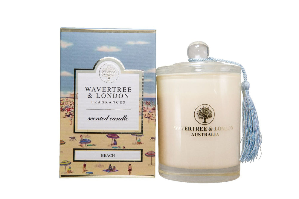 Wavertree and London Beach Scented Candle
Soy Candle
Glass container
Tassle sky blue