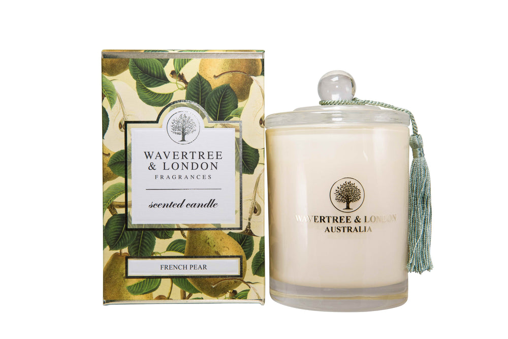 Wavertree and London French Pear Scented Candle
Glass container
soy candle
green tassle
pear gift box design