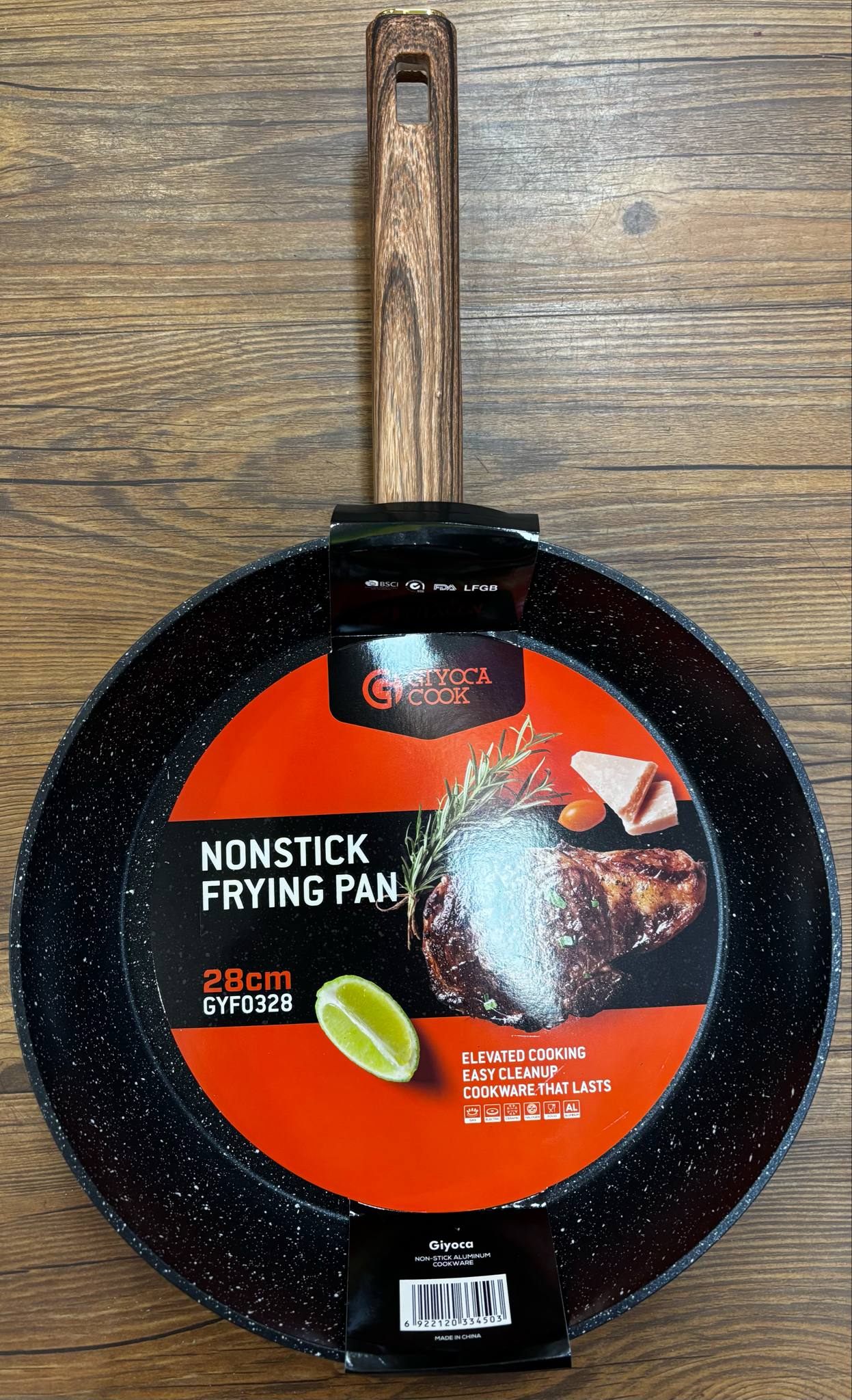 30cm Marble Non Stick Coated Frypan with wooden look soft touch handle 
not induction
