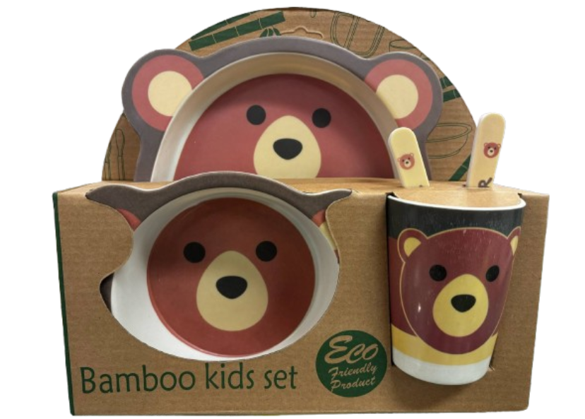 Bamboo Kids Set Pink Princess with Teddy Bear Plate Bowl Cup Fork and Spoon Children's Set Eco Friendly