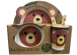 Bamboo Kids Set Pink Princess with Teddy Bear Plate Bowl Cup Fork and Spoon Children's Set Eco Friendly