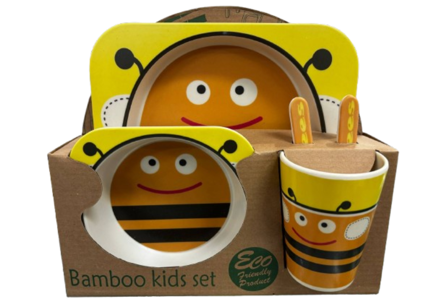 Bamboo Kids Set Bees Yellow background with bee Plate Bowl Cup Fork and Spoon Children's Set 