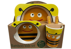 Bamboo Kids Set Bees Yellow background with bee Plate Bowl Cup Fork and Spoon Children's Set 