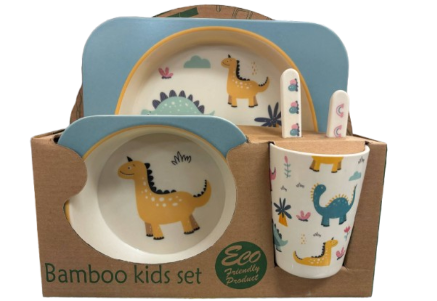 Bamboo Kids Set Dinosaurs, Blue and Yellow Dinosaurs on sky blue background Plate Bowl Cup Fork and Spoon Children's Set 