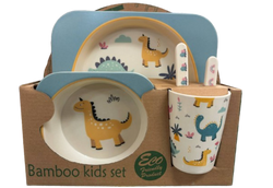 Bamboo Kids Set Dinosaurs, Blue and Yellow Dinosaurs on sky blue background Plate Bowl Cup Fork and Spoon Children's Set 
