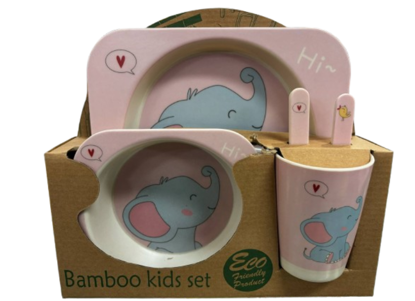 Bamboo Kids Set Elephant with light Pink Background and blue grey elephant  plate with castle  Plate Bowl Cup Fork and Spoon Children's Set Eco Friendly