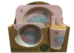 Bamboo Kids Set Elephant with light Pink Background and blue grey elephant  plate with castle  Plate Bowl Cup Fork and Spoon Children's Set Eco Friendly