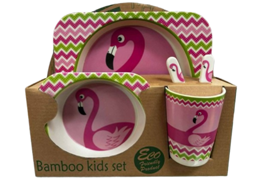 Bamboo Kids Set Flamingo Pink and green Plate Bowl Cup Fork and Spoon Children's Set 