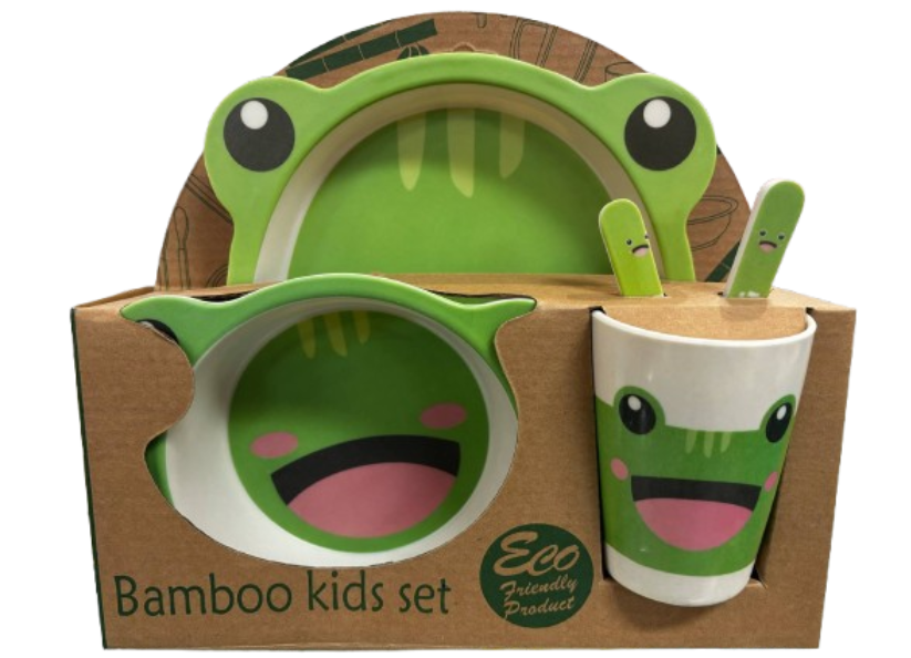 Bamboo Kids Set Lime Green Frog  plate with castle  Plate Bowl Cup Fork and Spoon Children's Set Eco Friendly