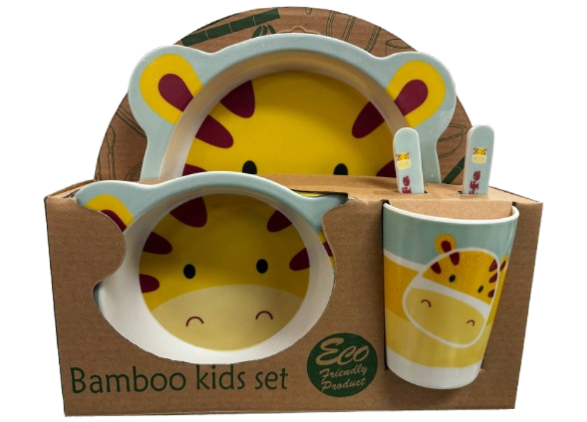 Bamboo Kids Set Yellow Giraffe on blue background Plate Bowl Cup Fork and Spoon Children's Set 