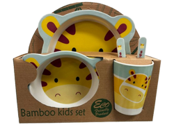 Bamboo Kids Set Yellow Giraffe on blue background Plate Bowl Cup Fork and Spoon Children's Set 