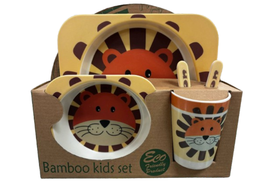 Bamboo Kids Set Lion with yellow background plate with castle  Plate Bowl Cup Fork and Spoon Children's Set Eco Friendly