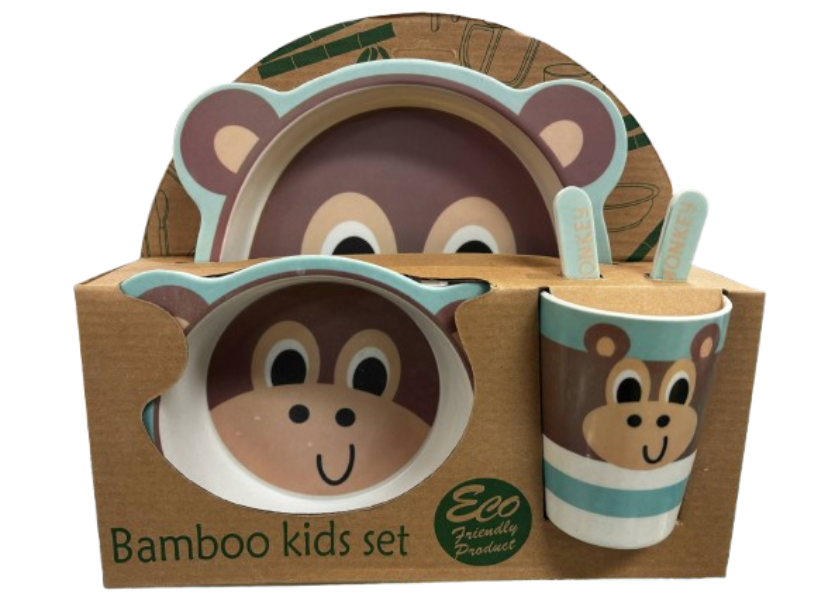 Bamboo Kids Set Monkey Brown with smile on a sky blue background Plate Bowl Cup Fork and Spoon Children's Set 