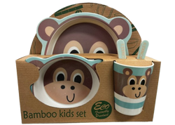 Bamboo Kids Set Monkey Brown with smile on a sky blue background Plate Bowl Cup Fork and Spoon Children's Set 