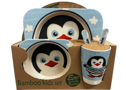 Bamboo Kids Set Penguin with blue background plate with castle  Plate Bowl Cup Fork and Spoon Children's Set Eco Friendly