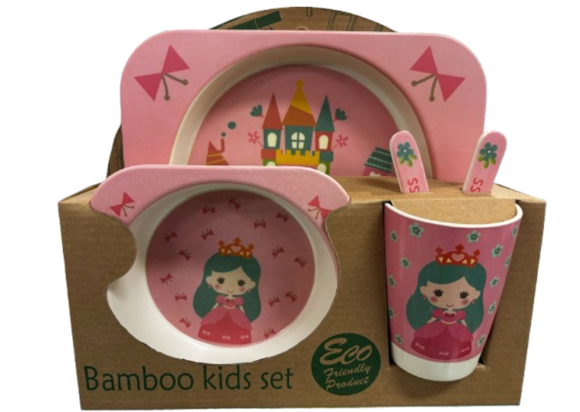Bamboo Kids Set Pink Princess with Hot  Pink Dress and Crown plate with castle  Plate Bowl Cup Fork and Spoon Children's Set Eco Friendly