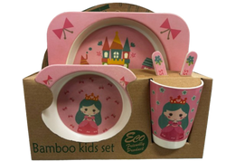 Bamboo Kids Set Pink Princess with Hot  Pink Dress and Crown plate with castle  Plate Bowl Cup Fork and Spoon Children's Set Eco Friendly