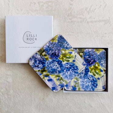 Purple and Blue Hydrangea Set of 4 coasters cork back white gift box