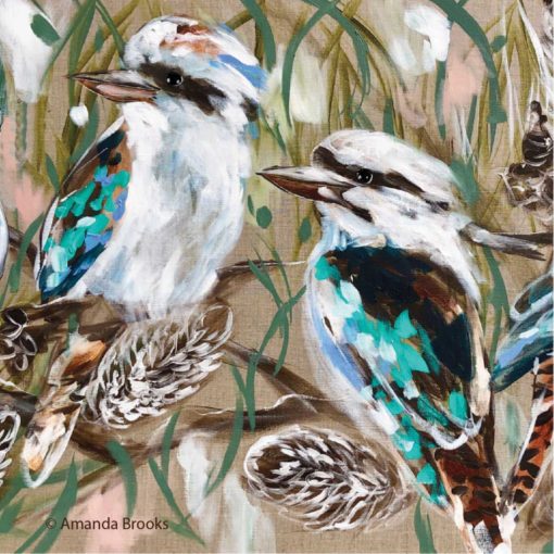 Kookaburra Bird and Banksia Coasters on brown background with leaves