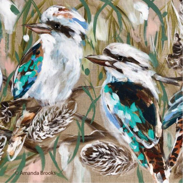 Kookaburra Bird and Banksia Coasters on brown background with leaves