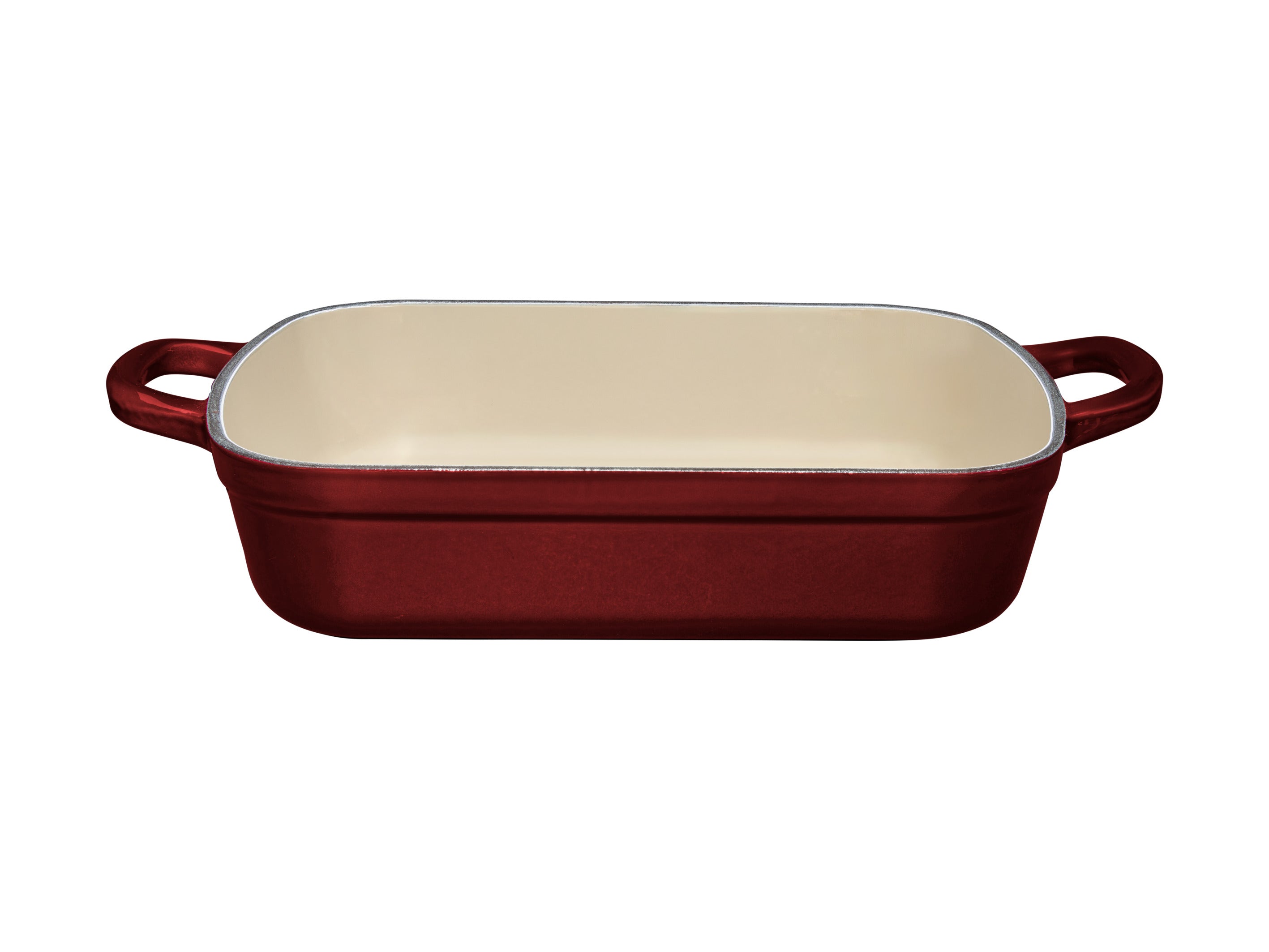 Maxwell and Williams Cast Iron 28cm x 21cm Roaster Merlot Front view, handle cream interior