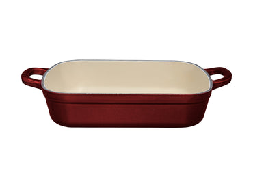 Maxwell and Williams Cast Iron 28cm x 21cm Roaster Merlot Front view, handle cream interior