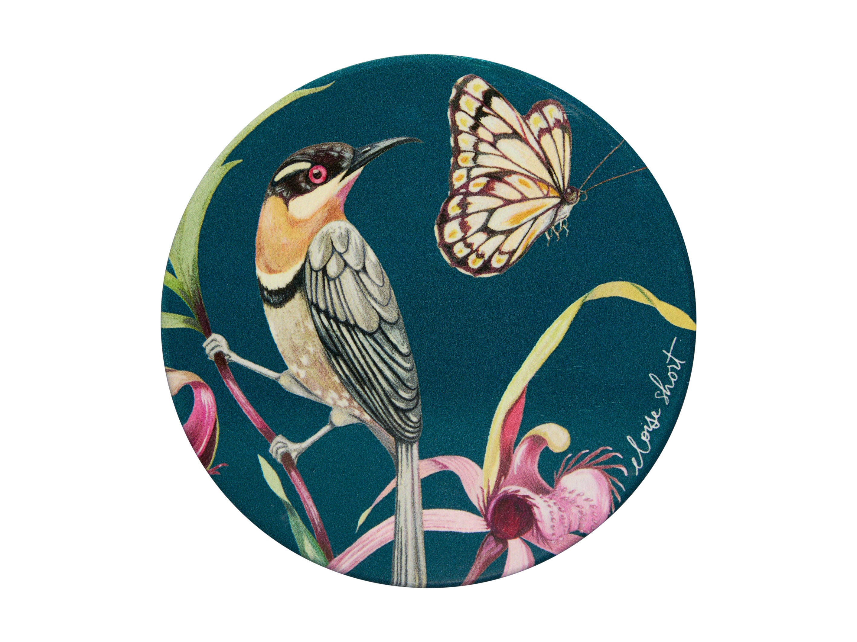 Maxwell and Williams Lyric Ceramic Coaster 10cm Spinebill Honeyeater Eloise Short 
Bird Butterfly Teal Background 