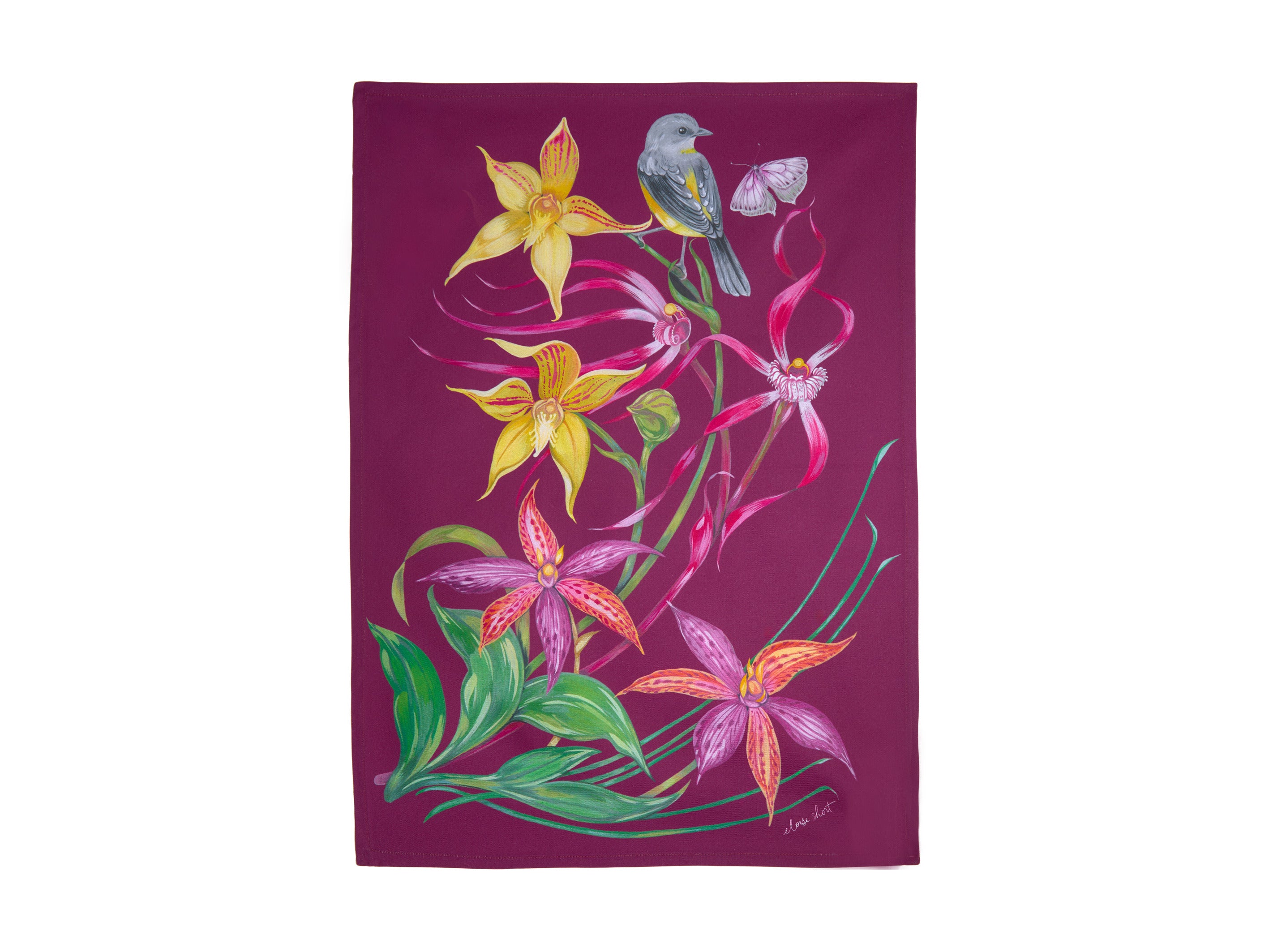 Maxwell and Williams Lyric Tea Towel 50x70cm Yellow Robin 100% Cotton Bird and flower 