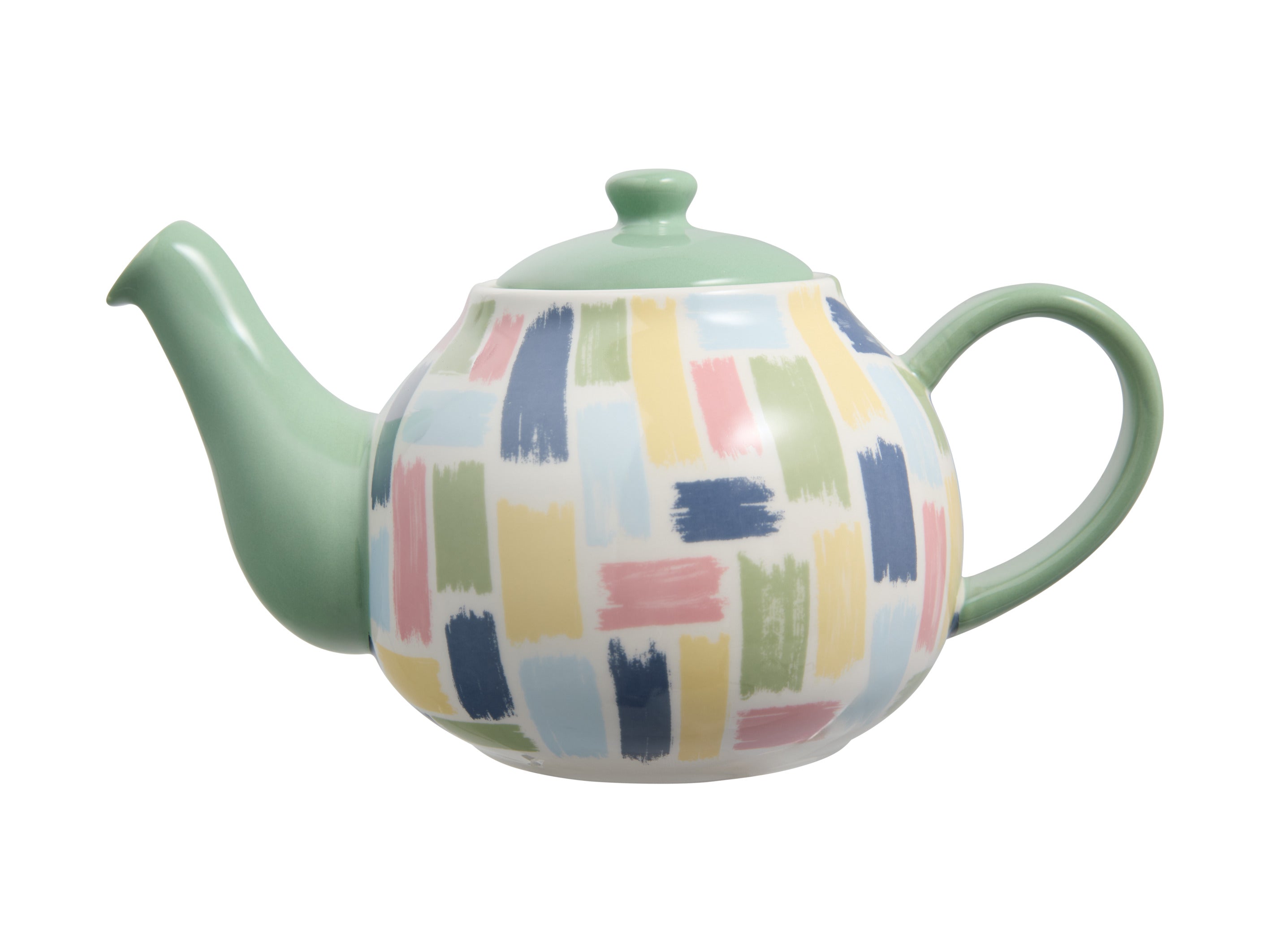 Maxwell and Williams Olde English 1.1L Teapot Brush Strokes Light Green Handle, Lid and Spout Yellow, Green Blue Brush Strokes on a white background 