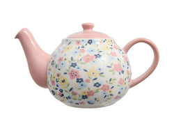 Maxwell and Williams Olde English 1.1L Teapot Pink Floral Pink Handle, Lid and Spout with Blue, Pink and yellow flowers on a white teapot 