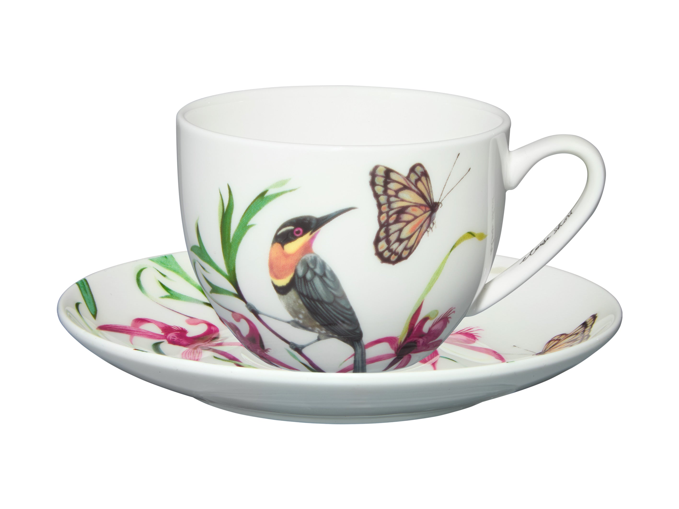 Maxwell and Williams Short Lyric Cup & Saucer 240ML Spinebill Honeyeater Eloise Short Bird White Teacup