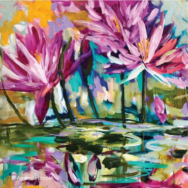 Pink Water Lilly Cork Back Coasters with green and yellow background 