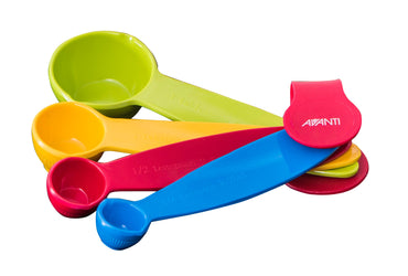 Avanti Solid Colour measuring spoons. blue, red, yellow and green. australian standards
 
1/4 Tsp /1.25 mL
1/2 Tsp / 2.5 mL
1 Tsp / 5 mL
1 Tbs / 20 mL