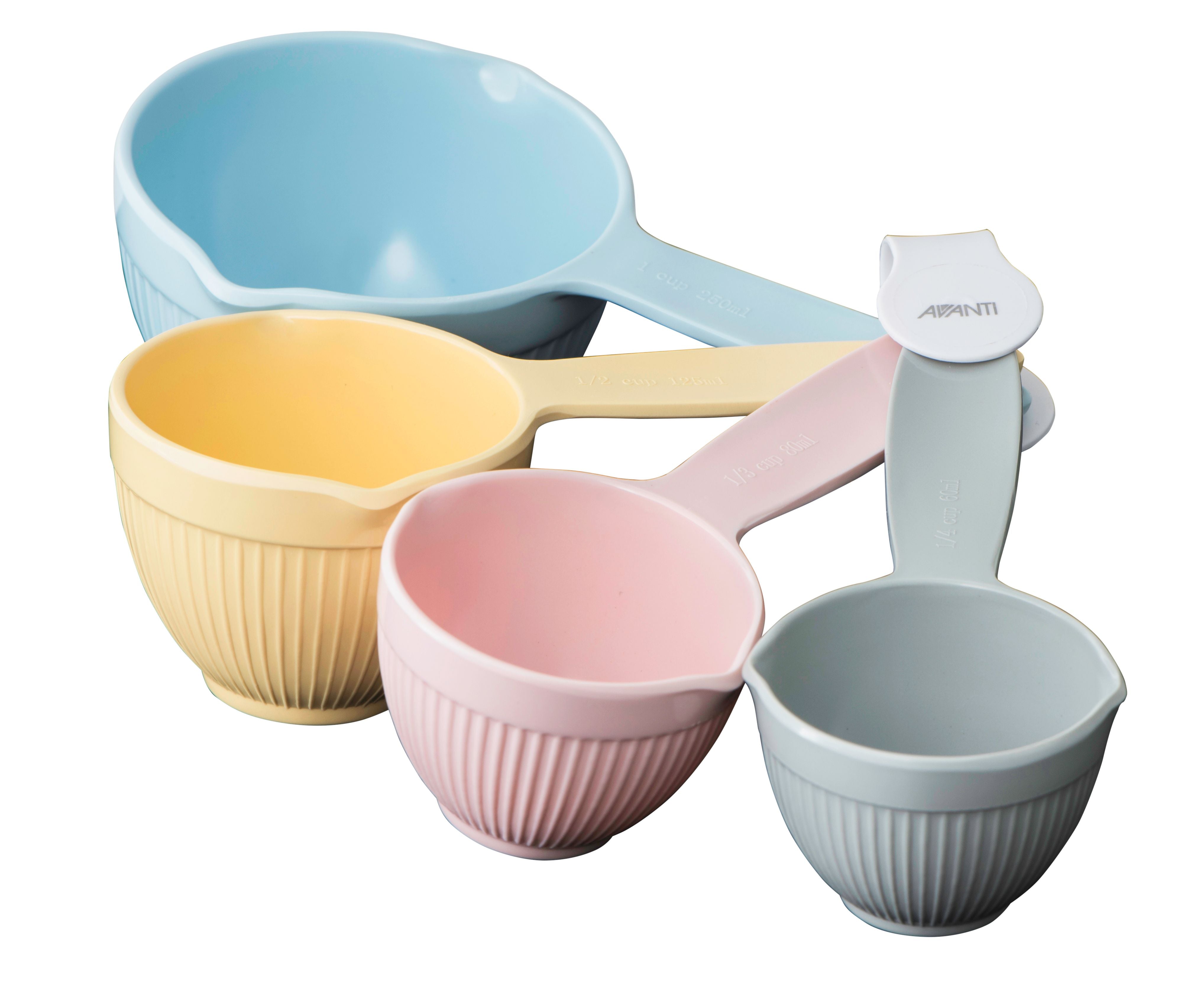 Avanti Ribbed Pastel Measuring Cups 
Australian measuring sizes 
Cup Sizes
1/4 cup / 60 mL
1/3 cup / 80ml
1/2 cup / 125 mL
1 cup / 250 mL