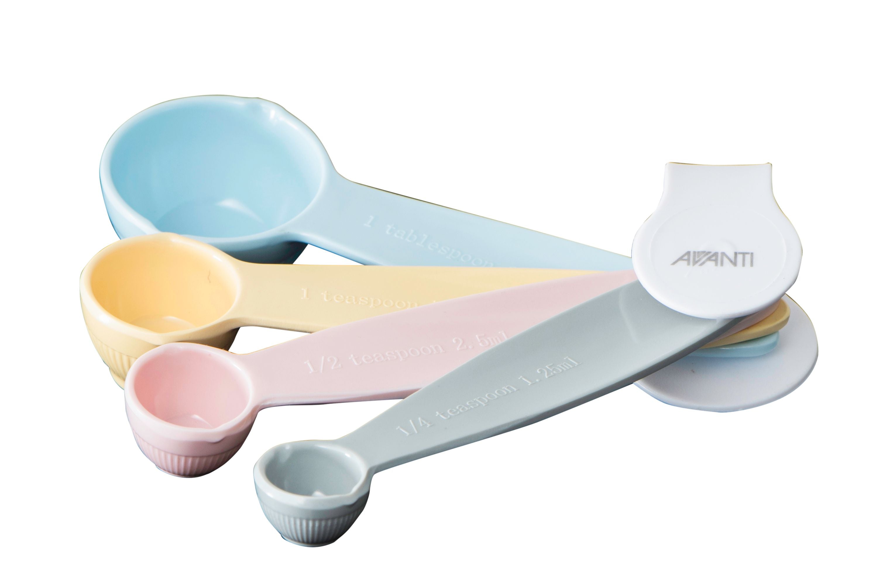 Pastel Measuring spoons
Australian standards 
1/4 Tsp /1.25 mL
1/2 Tsp / 2.5 mL
1 Tsp / 5 mL
1 Tbs / 20 mL