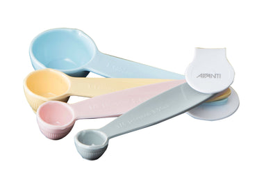 Pastel Measuring spoons
Australian standards 
1/4 Tsp /1.25 mL
1/2 Tsp / 2.5 mL
1 Tsp / 5 mL
1 Tbs / 20 mL