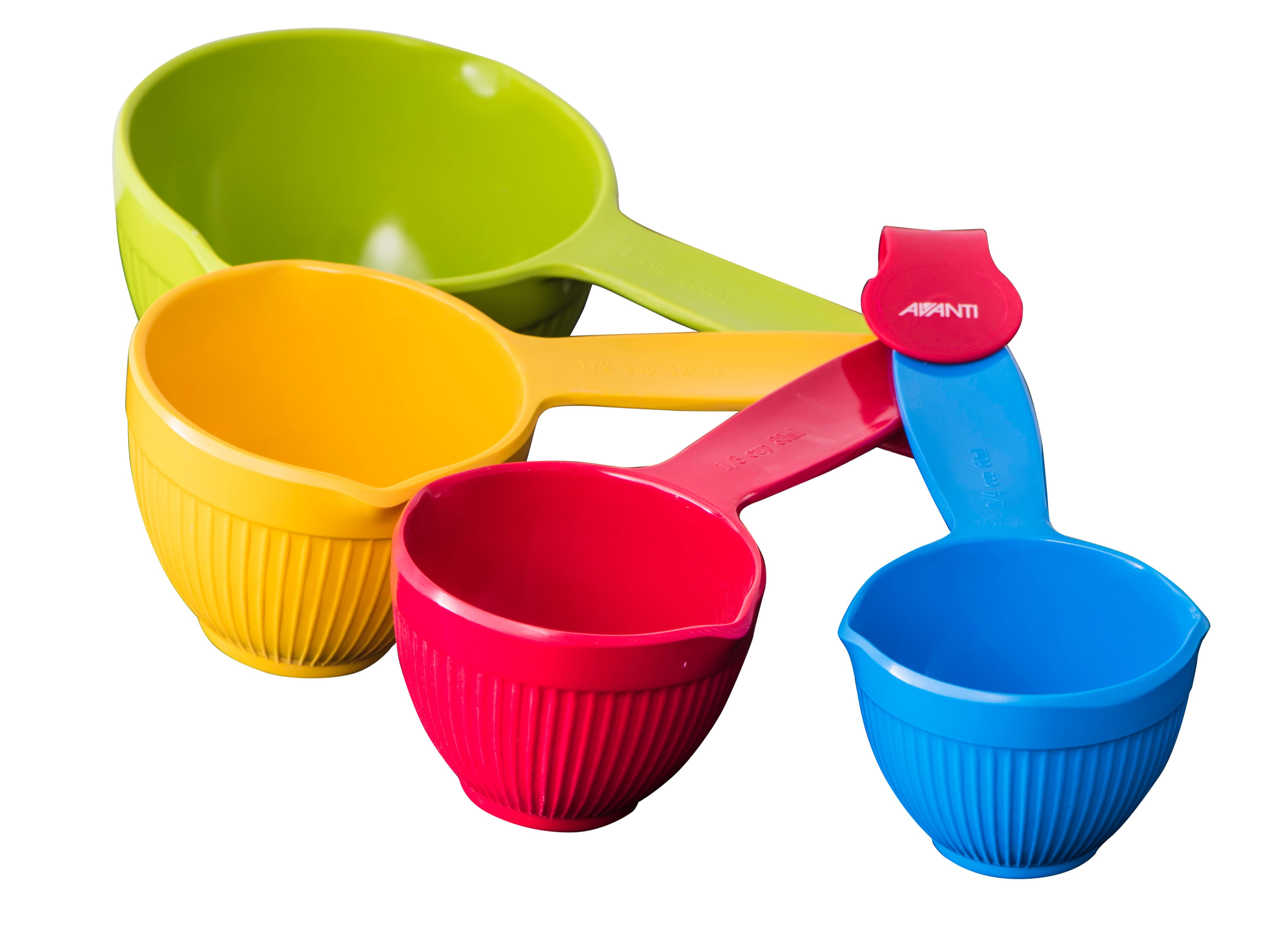 set of 4 vibrant colours measuring cups 
australian sizes 

1/4 cup / 60 mL
1/3 cup / 80ml
1/2 cup / 125 mL
1 cup / 250 mL