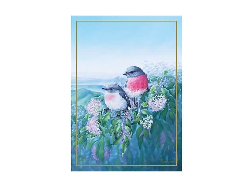 Birds of Australia 10 year Anniversary Tea Towel 50x70cm Rose Robin pink birds two on gum