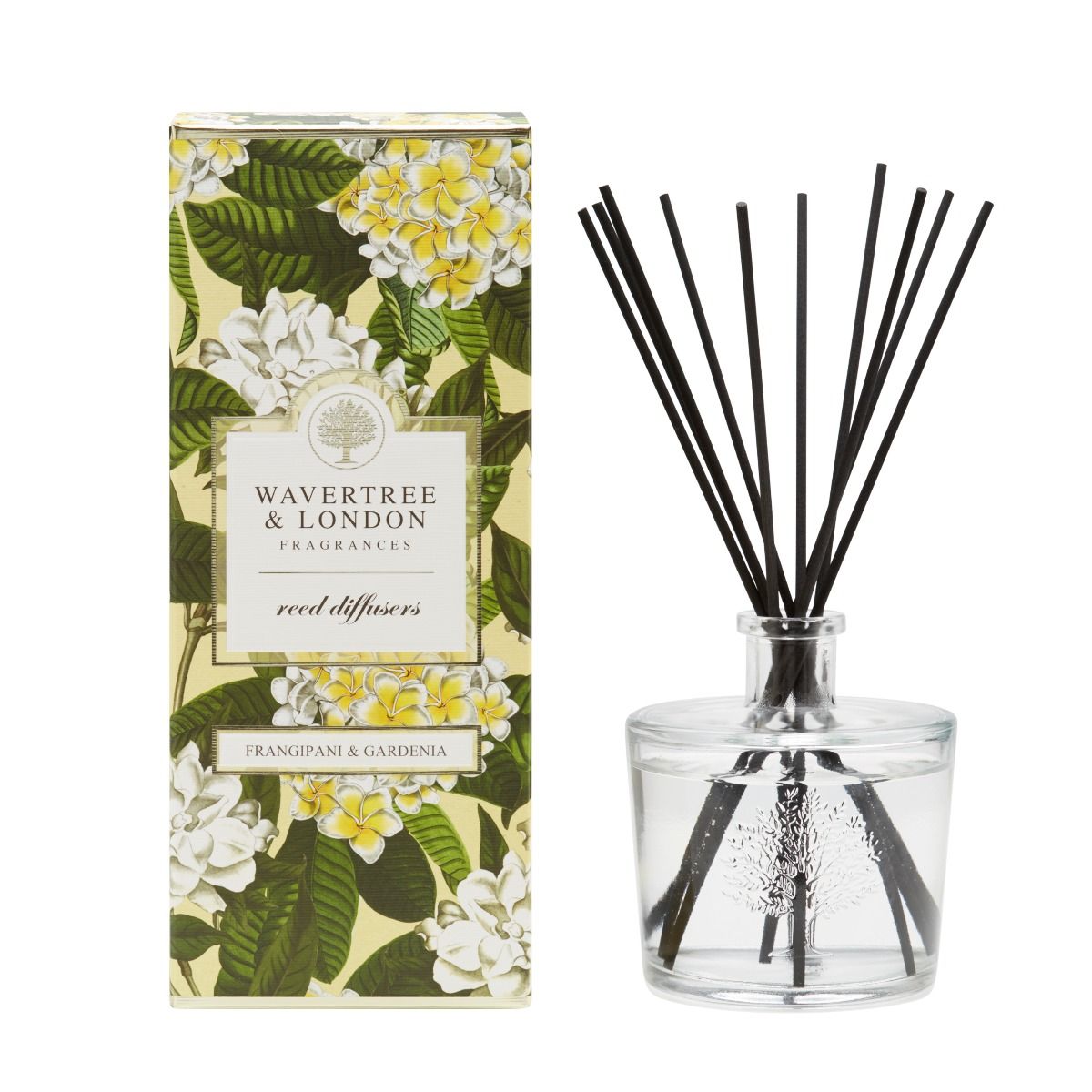 Wavertree and London Frangipani & Gardenia Diffuser
glass container, lquid and black reed sticks 