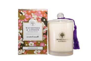 Wavertree and London Japanese Plum Scented Candle
purple tassle
glass container
soy wax candle
japanese plum design gift box 
