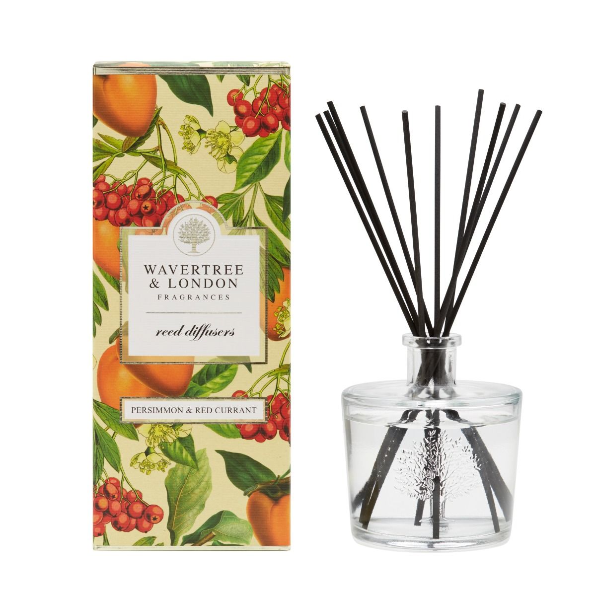 Wavertree and London Persimmon & Red Currant Diffuser
glass container liquid and black reed sticks