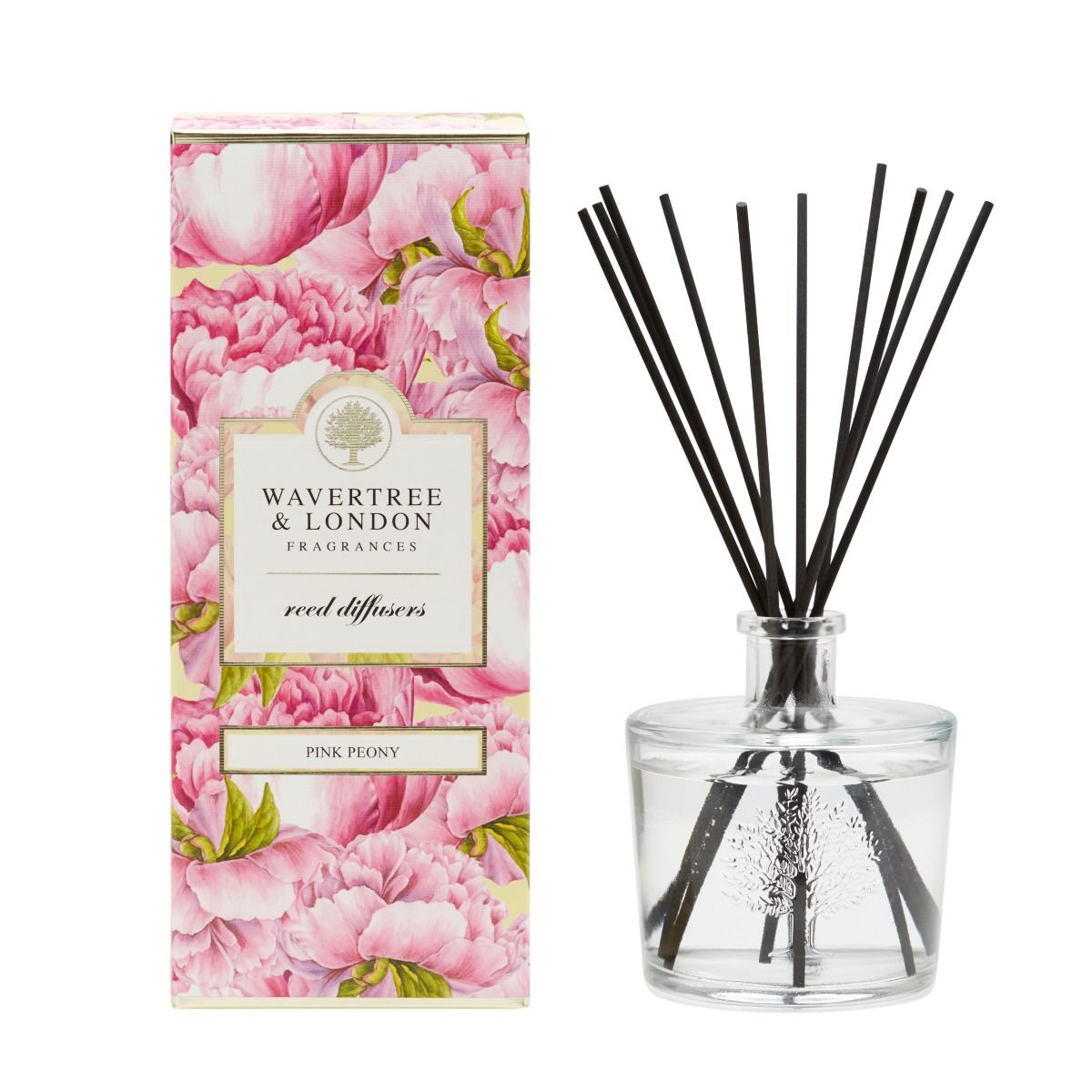 Wavertree and London Pink Peony Diffuser
glass container, liquid and black reed sticks 